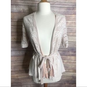 Knitted and Knotted Pink Cream Lace Knit Cardigan